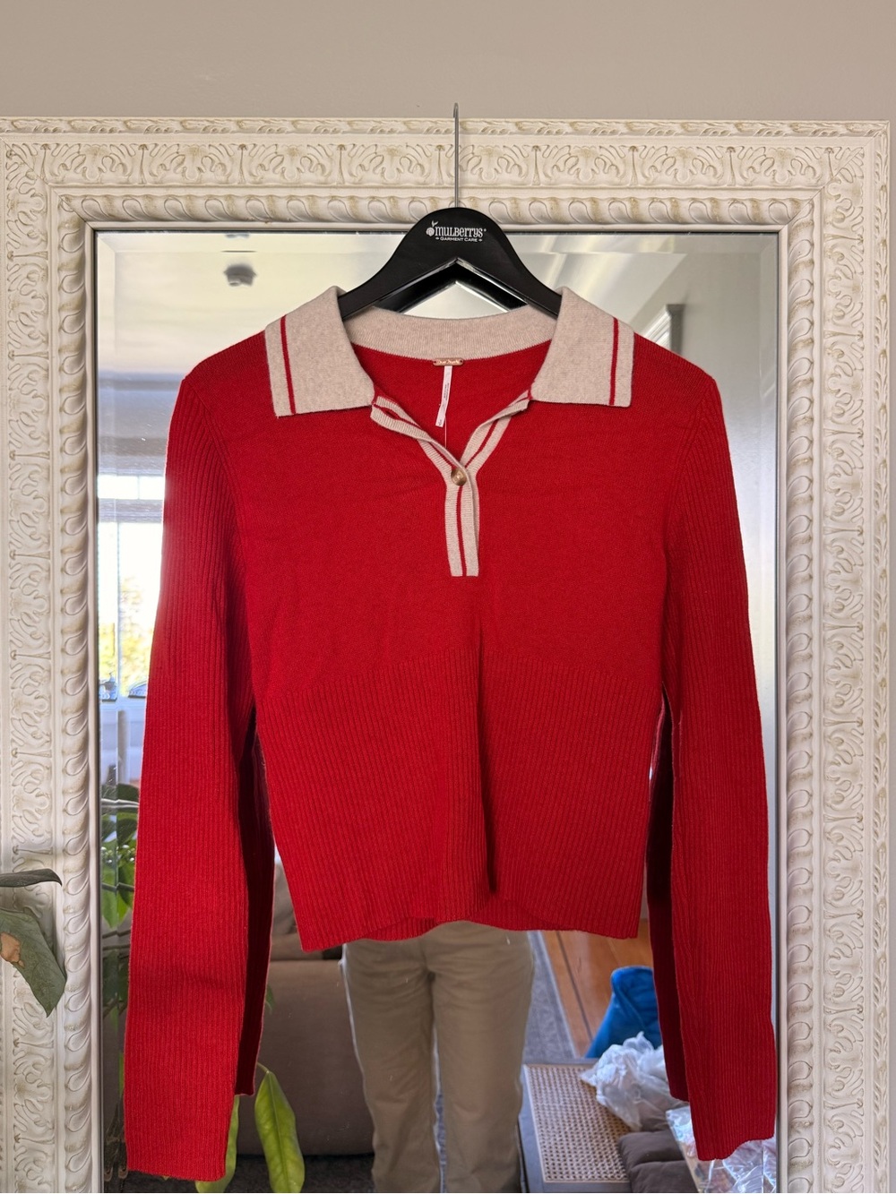Free People Red Cashmere Sweater with Cream Trim
